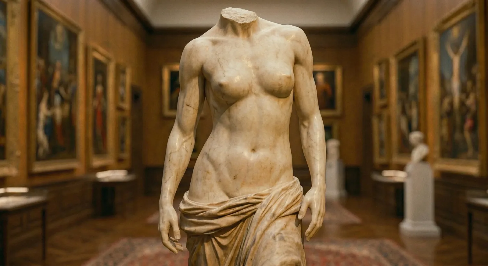 Marble torso sculpture in a gallery, Edition Plastic Surgery Dallas