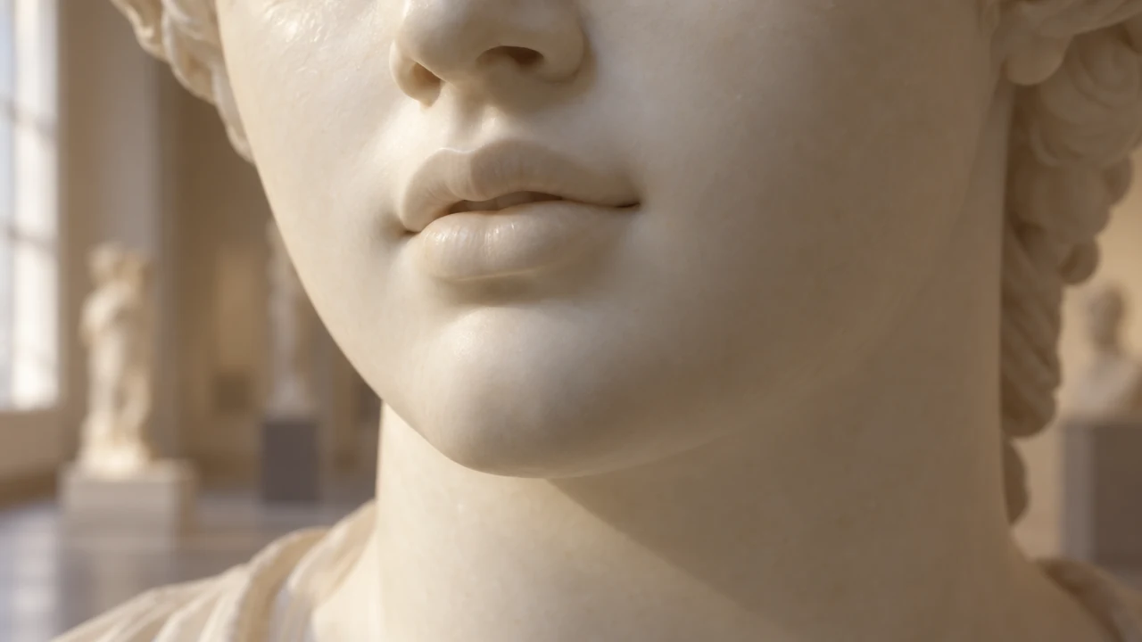 Close view of the lips and lower face of a classical marble sculpture