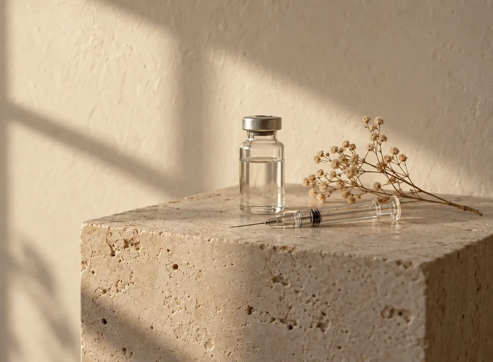 Glass vial and syringe on a travertine plinth