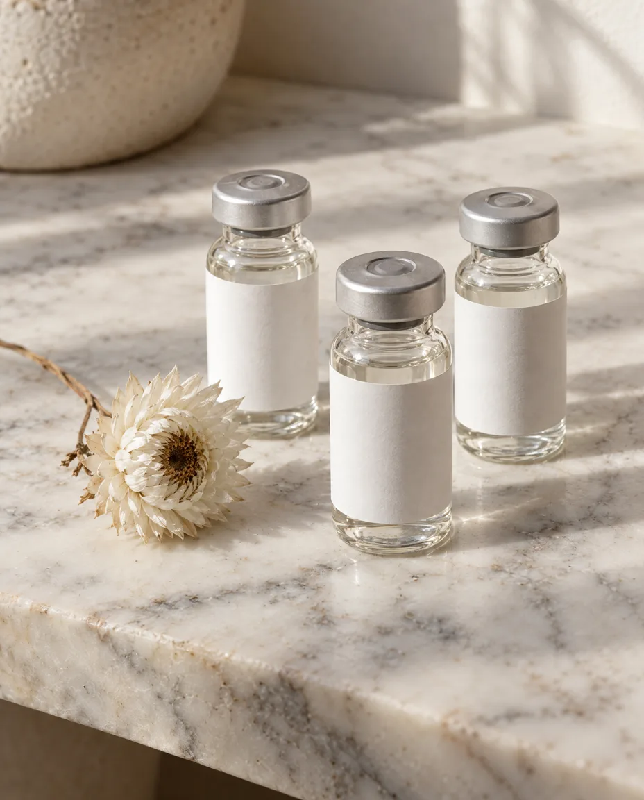 Three unlabelled glass vials on marble