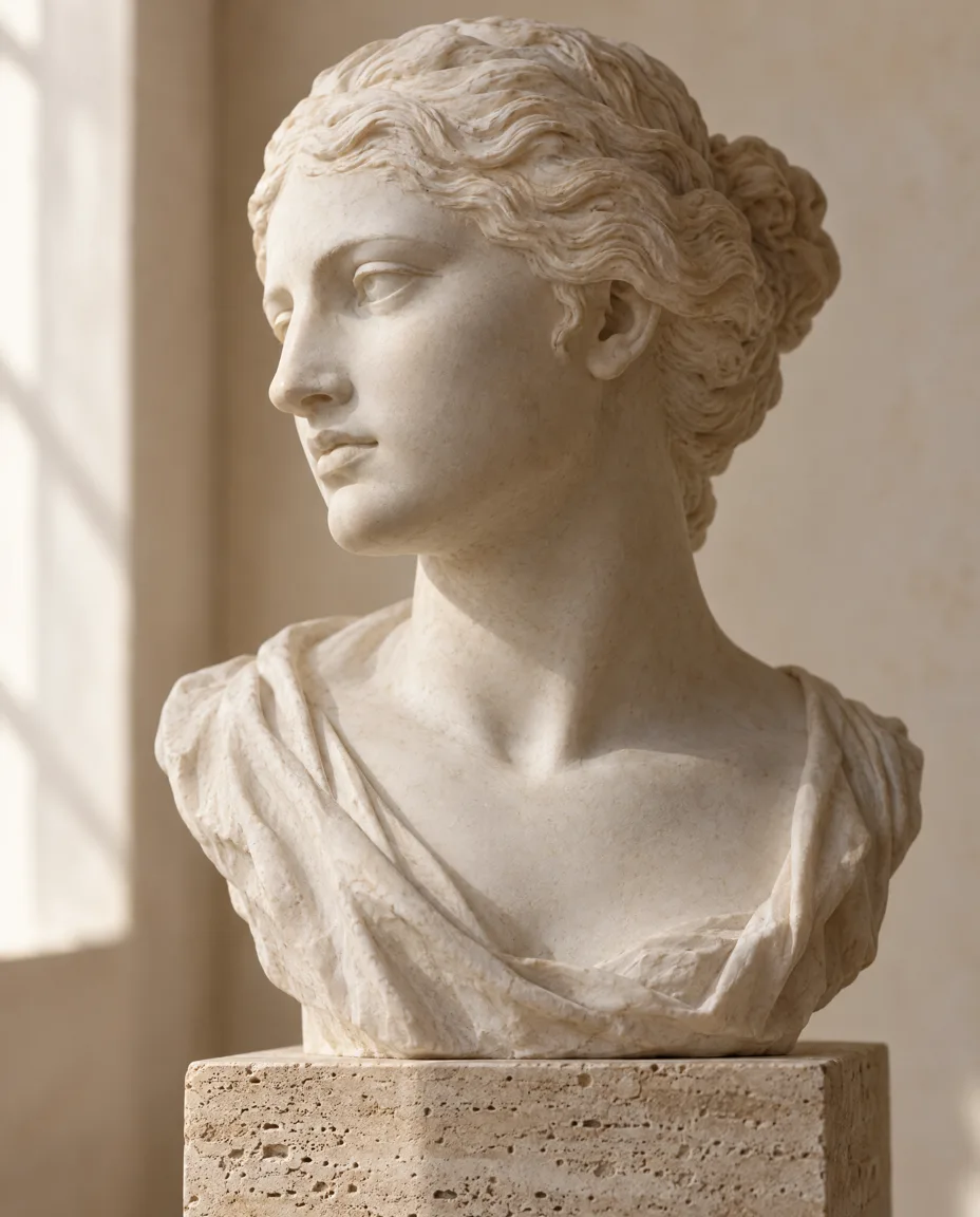 Marble bust in profile, lit to show the cheekbone and jawline