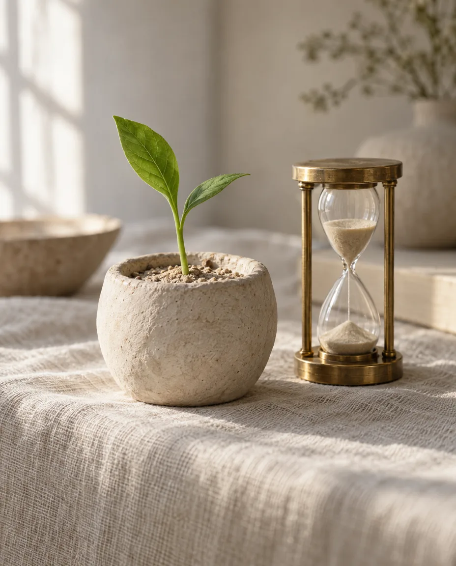 A young green shoot in a stone pot beside an hourglass