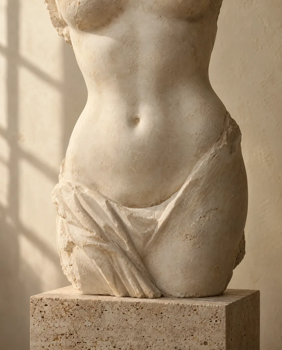 Marble sculpture of a torso showing the waist and abdomen